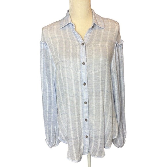 Free People Button Down Top Women's Small Light Blue Frayed Shoulder Hem Flowy - Picture 1 of 11